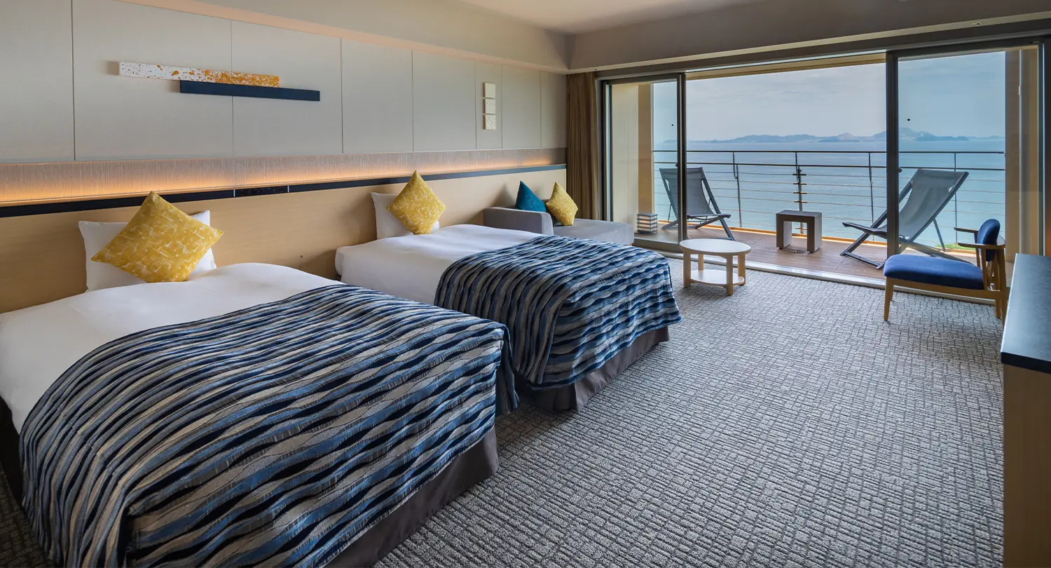 【オーシャンビュー】半露天風呂付 最上階プレミアムツイン（ウッドデッキ付）