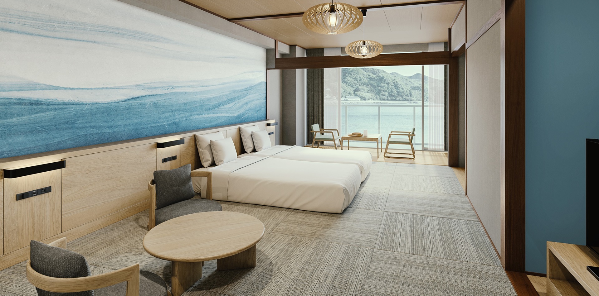 A Japanese-Western style room with an interior inspired by the sea of Katsuura.