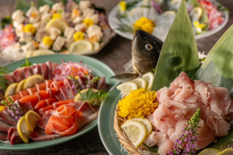 山のお造り「ぶり・ヤシオマス・鯉のあらい・刺身ゆば」