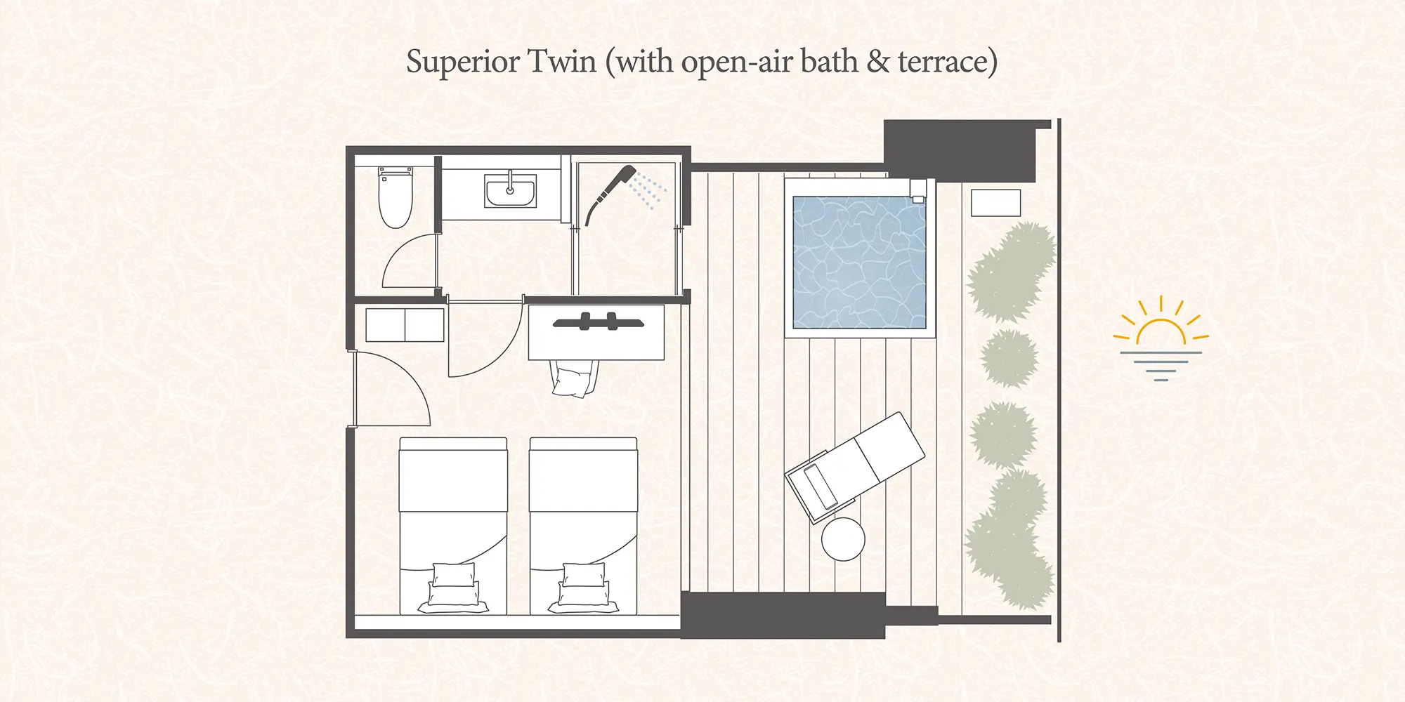 【温泉露天風呂付き】スーペリアツイン～潮風テラス～ レイアウト