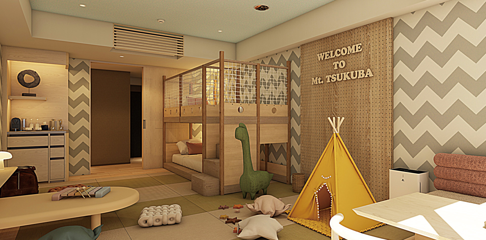 The kids' room is packed with features to pique your child's curiosity, including bunk beds and athletic nets.