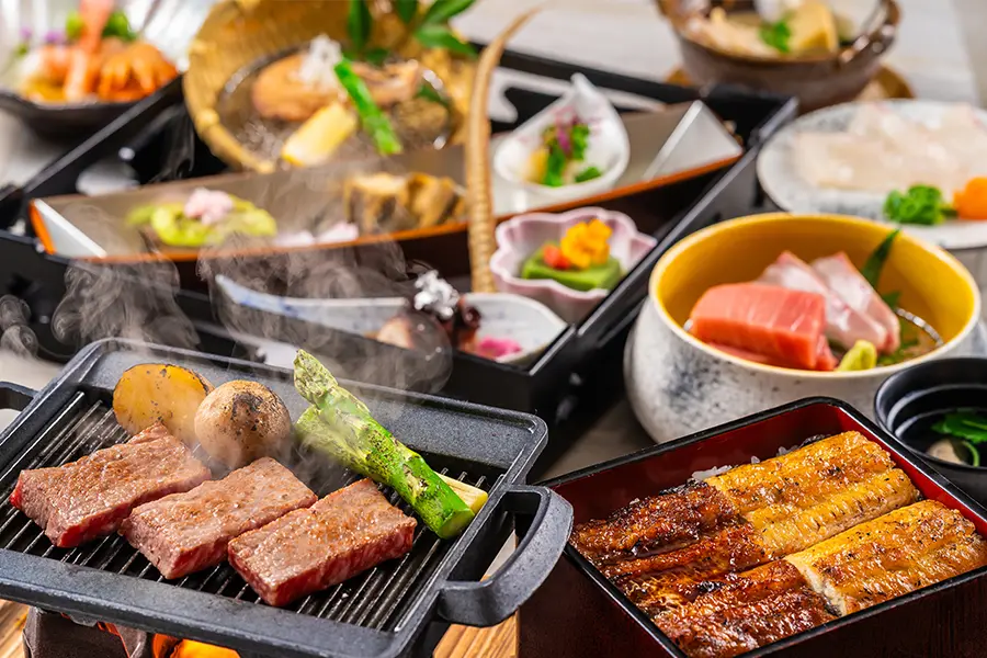 【かに食べ放題付き・特別会席】柳川和牛ロースのだししゃぶしゃぶと国産相盛り鰻重を堪能できるこだわり会席