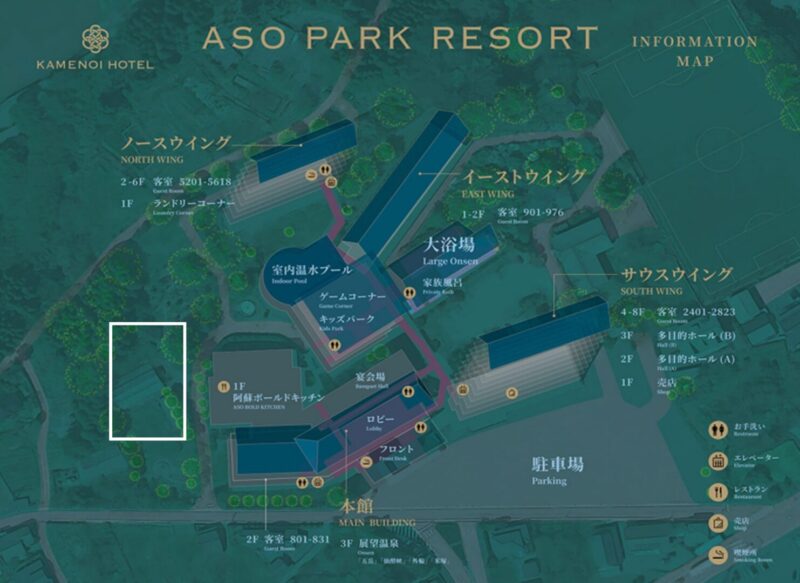 ホテル敷地内の案内図に工事個所が白枠で囲んである画像。1階レストランの西側のスペースが工事個所となります。